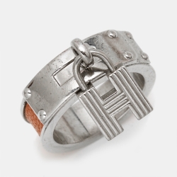 Hermes Kelly Cadena Leather Silver Tone Scarf Ring