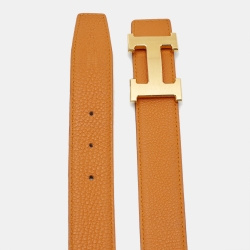 Pre Owned Hermes Orange/Black Togo and Box Leather H Buckle Reversible Belt 75CM