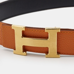 Pre Owned Hermes Orange/Black Togo and Box Leather H Buckle Reversible Belt 75CM