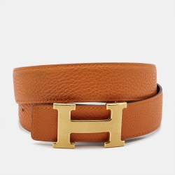 Pre Owned Hermes Orange/Black Togo and Box Leather H Buckle Reversible Belt 75CM