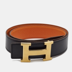 Pre Owned Hermes Orange/Black Togo and Box Leather H Buckle Reversible Belt 75CM