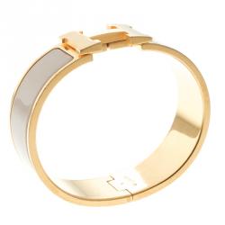 Pre Owned Hermes Clic Clac H Wide Grey Enamel Gold Plated Bracelet