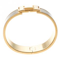 Pre Owned Hermes Clic Clac H Wide Grey Enamel Gold Plated Bracelet