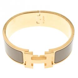 Pre Owned Hermes Clic Clac H Wide Grey Enamel Gold Plated Bracelet