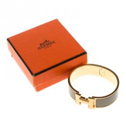 Pre Owned Hermes Clic Clac H Wide Grey Enamel Gold Plated Bracelet