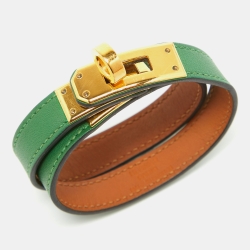 Pre Owned Hermes Mini Kelly Green Leather Gold Plated Wrap Bracelet 