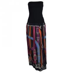 Pre Owned Hermes Black Printed Strapless Dress M