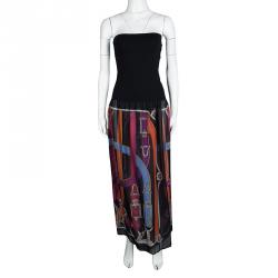 Pre Owned Hermes Black Printed Strapless Dress M