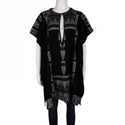 Hermes Black Aztec Pattern Cashmere and Wool Leather Trim Oversized Tunic S 