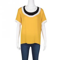 مملوكة مسبقًا Hermes Mustard Yellow Silk Contrast Trim Short Sleeve Top S