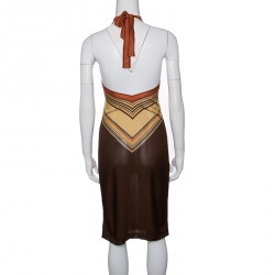 Pre Owned Hermes Brown Knit Striped Bodice Detail Halter Dress M