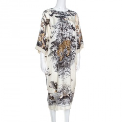 Pre Owned Hermes Cream Jungle Love Print Silk and Cashmere Tunic Dress M