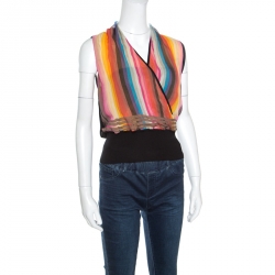 Hermes Multicolor Striped Silk Faux Wrap Front Sleeveless Top M