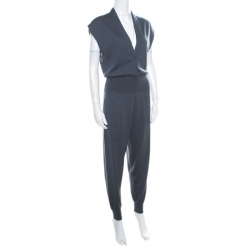 Hermes Teal Blue Cashmere Cinched Waist Button Front Jumpsuit M