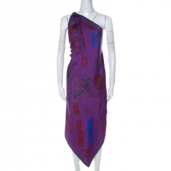 Pre Owned Hermes Purple Flag Print Silk One Shoulder Pavois Scarf Maxi Dress M
