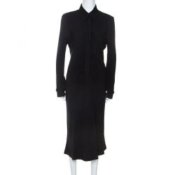 Pre Owned Hermes Black Silk Long Sleeve Collared Dress L