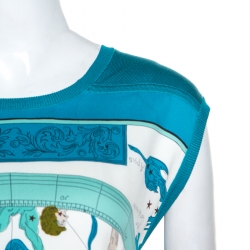 Pre Owned Hermes Blue Zodiac Printed Silk And Knit Sleeveless Dress L