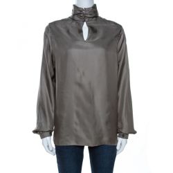 Hermes Grey Printed Silk High Neck Blouse M