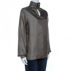 Hermes Grey Printed Silk High Neck Blouse M