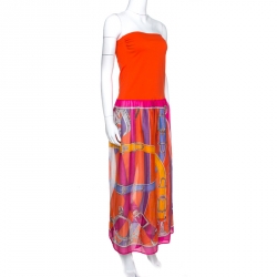 Pre Owned Hermes Orange Printed Strapless Dress L