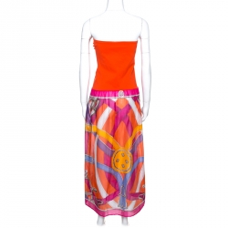 Pre Owned Hermes Orange Printed Strapless Dress L