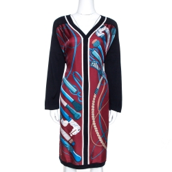Hermes Maroon Fouets Et Badines Print Silk Shift Dress L