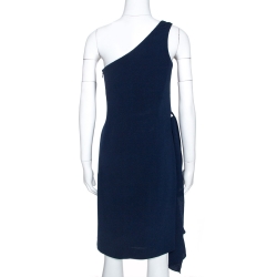 Hermes Navy Blue Silk One Shoulder Draped Dress S