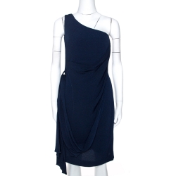 Hermes Navy Blue Silk One Shoulder Draped Dress S