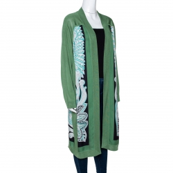 Hermes Green Printed Silk & Knit Open Front Cardigan M