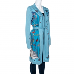 Hermes Blue Les Cles Print Silk & Knit Belted Cardigan M