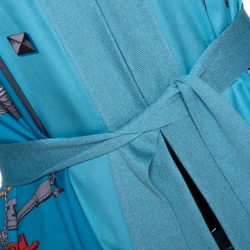 Hermes Blue Les Cles Print Silk & Knit Belted Cardigan M