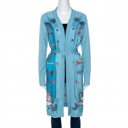 Hermes Blue Les Cles Print Silk & Knit Belted Cardigan M