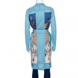 Hermes Blue Les Cles Print Silk & Knit Belted Cardigan M
