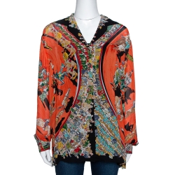 Pre Owned Hermes Orange Cirque Molier Print Silk Crepe Shirt L