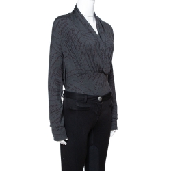 Hermes Grey Printed Silk Jersey Plunge Neck Bodysuit M