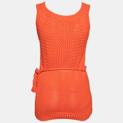 Pre Owned Hermes Orange Cotton Knit Sleeveless Belted Mini Dress S
