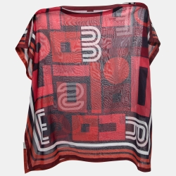 Hermes Red Geometric Print Cotton Poncho Top One Size