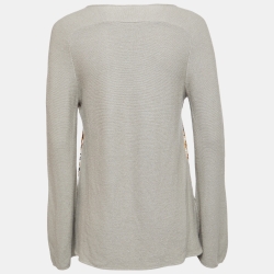 Hermes Grey Printed Silk and Wool Knit V-Neck Sweater M