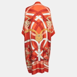 مملوكة مسبقًا Hermes Orange Print Silk & Knit Trim Long Twillaine Cardigan M