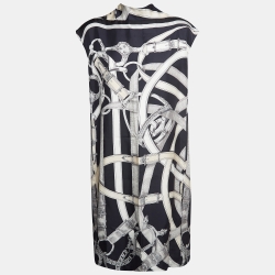 Hermes Black Cavalcadour Print Silk Shift Dress L