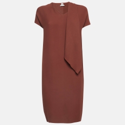 Pre Owned Hermes Brown Silk Drape Style Neck Shift Dress S  