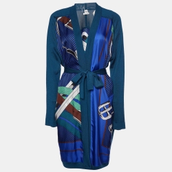 Hermes Teal Blue Printed Silk & Knit Belted Long Cardigan M