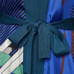 Hermes Teal Blue Printed Silk & Knit Belted Long Cardigan M