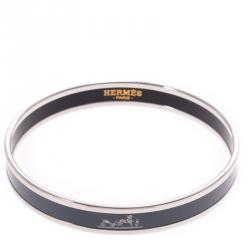 Hermes Dark Grey Silver Cloisonne Logo Bangle