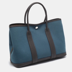 Pre Owned Hermes Bleu Tempete/Ebene Toile Officier and Negonda Leather Garden Party 30 Bag