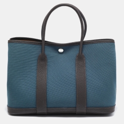 Pre Owned Hermes Bleu Tempete/Ebene Toile Officier and Negonda Leather Garden Party 30 Bag