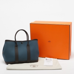 Pre Owned Hermes Bleu Tempete/Ebene Toile Officier and Negonda Leather Garden Party 30 Bag