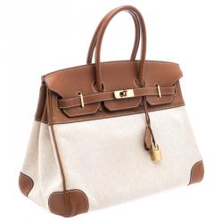 Hermes Brown/Beige Canvas And Box Calf Leather Gold Hardware Birkin 35 Bag
