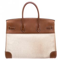 Hermes Brown/Beige Canvas And Box Calf Leather Gold Hardware Birkin 35 Bag