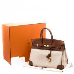 Hermes Brown/Beige Canvas And Box Calf Leather Gold Hardware Birkin 35 Bag